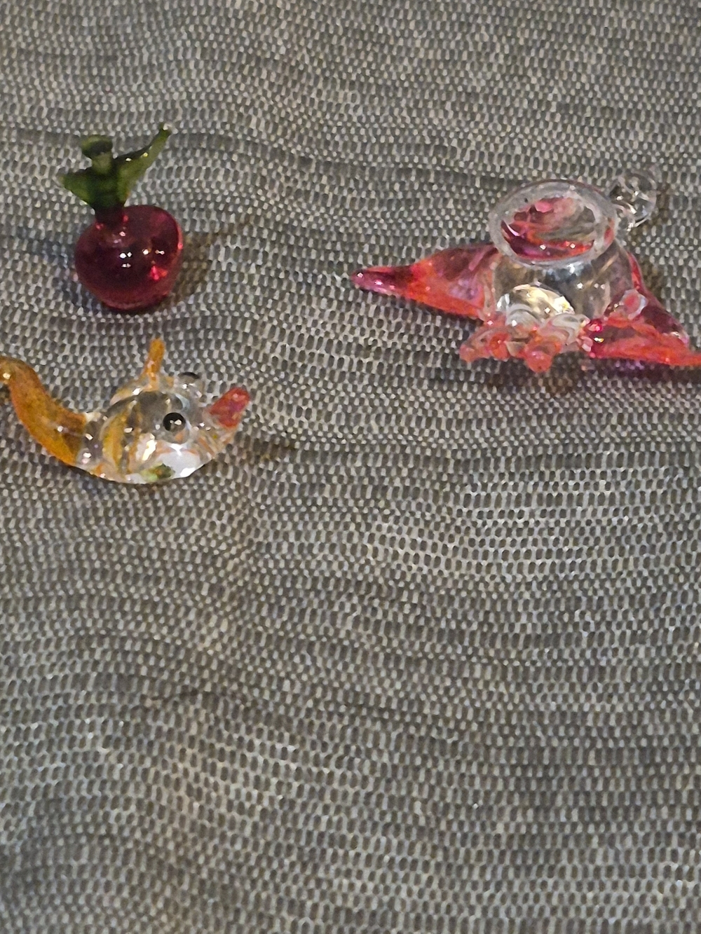 Lot of 3 Miniature Hand-Blown Art Glass Figurines - Mouse, Manta Ray, Cherry